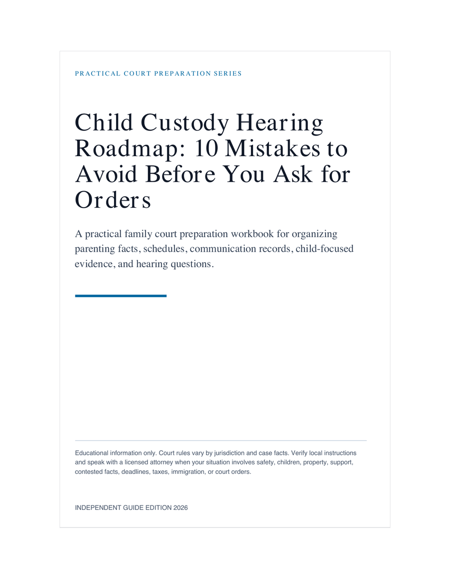 Child Custody Hearing Roadmap: 10 Mistakes to Avoid Before You Ask for Orders cover and worksheet preview