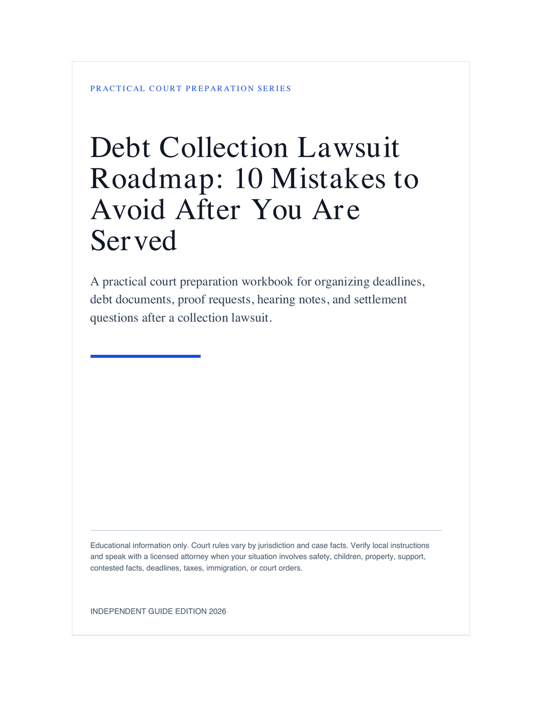 Debt Collection Lawsuit Roadmap: 10 Mistakes to Avoid After You Are Served cover and worksheet preview
