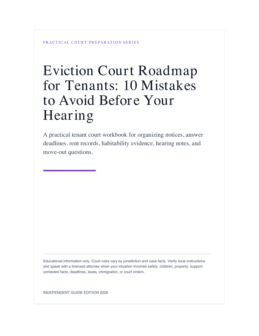 Eviction Court Roadmap for Tenants: 10 Mistakes to Avoid Before Your Hearing cover and worksheet preview