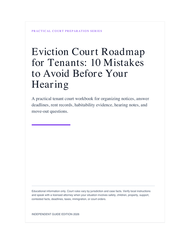 Eviction Court Roadmap for Tenants: 10 Mistakes to Avoid Before Your Hearing cover and worksheet preview