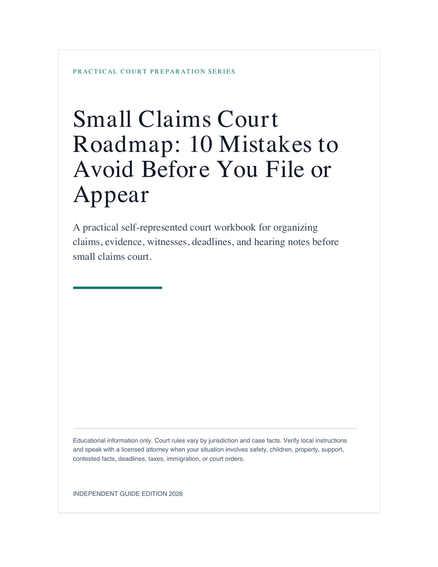 Small Claims Court Roadmap: 10 Mistakes to Avoid Before You File or Appear sample workbook page 1