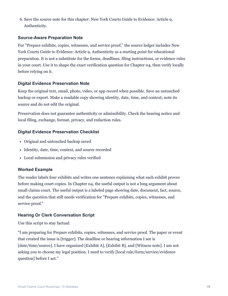 Small Claims Court Roadmap sample page showing digital-evidence preservation guidance