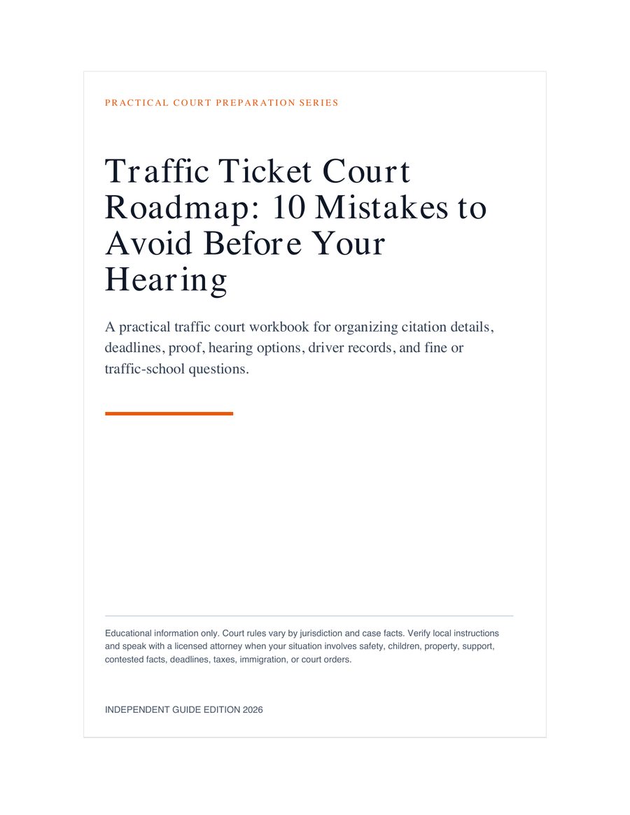 Traffic Ticket Court Roadmap: 10 Mistakes to Avoid Before Your Hearing sample workbook page 1
