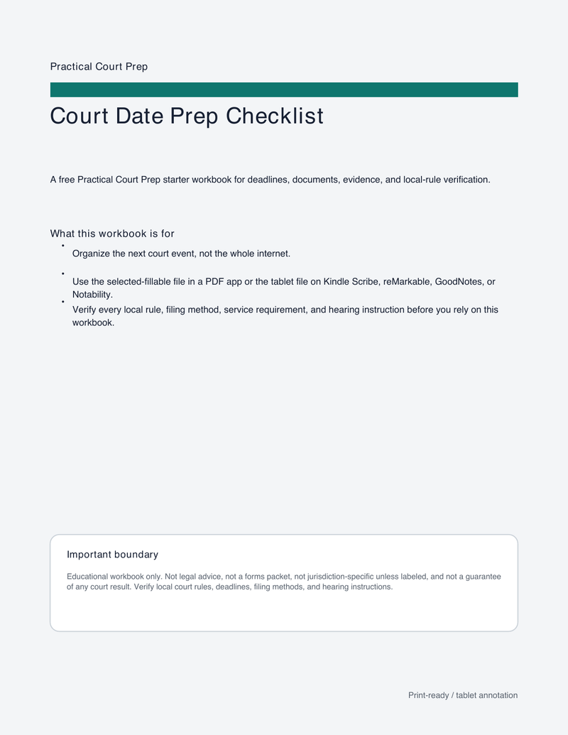 Court Date Prep Checklist sample worksheet page 1