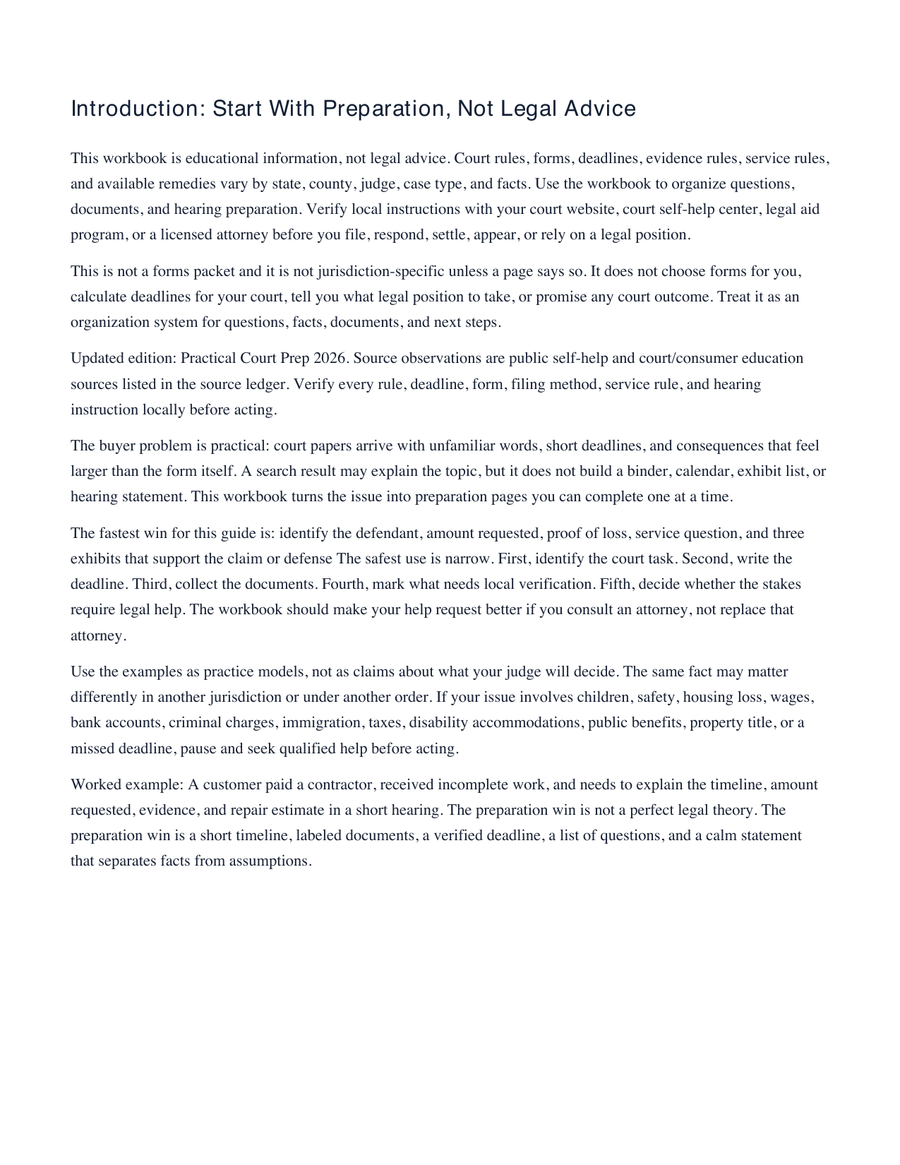 Small Claims Court Roadmap: 10 Mistakes to Avoid Before You File or Appear sample workbook page 2