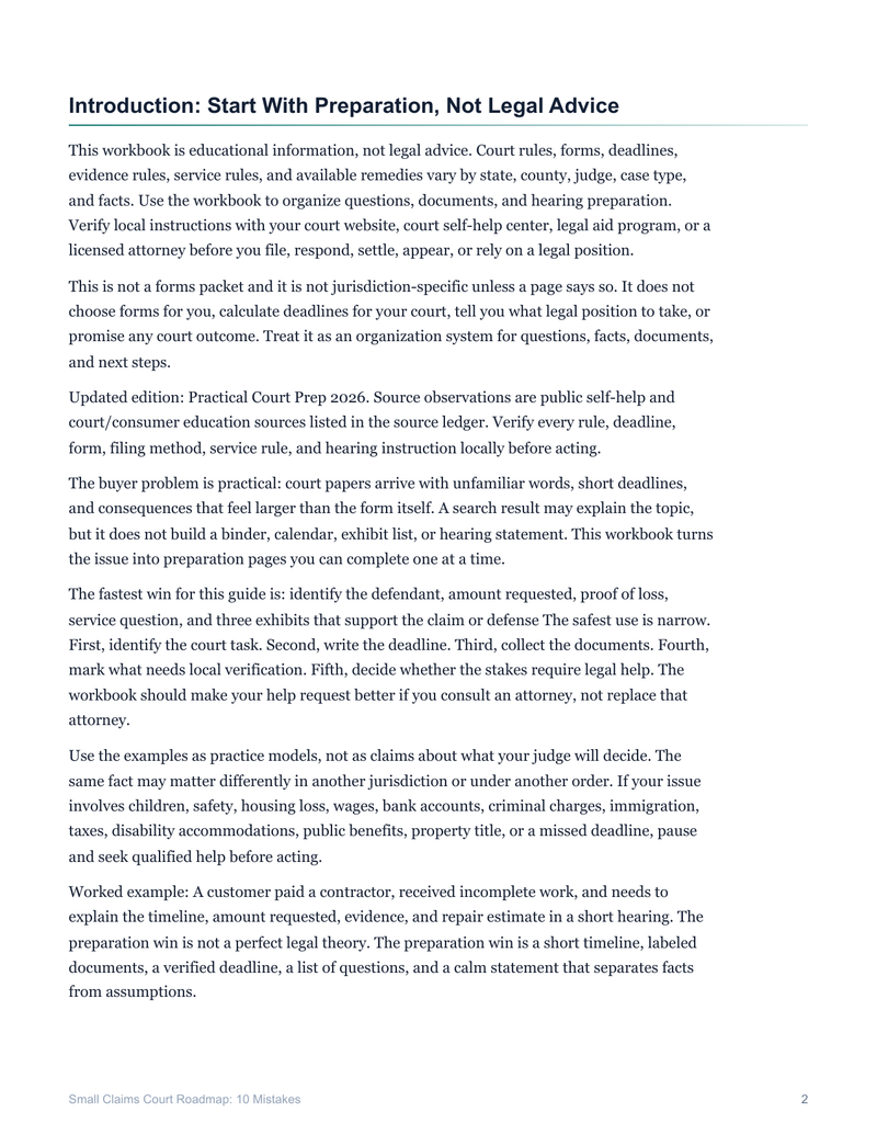 Small Claims Court Roadmap sample page showing the updated introduction and scope