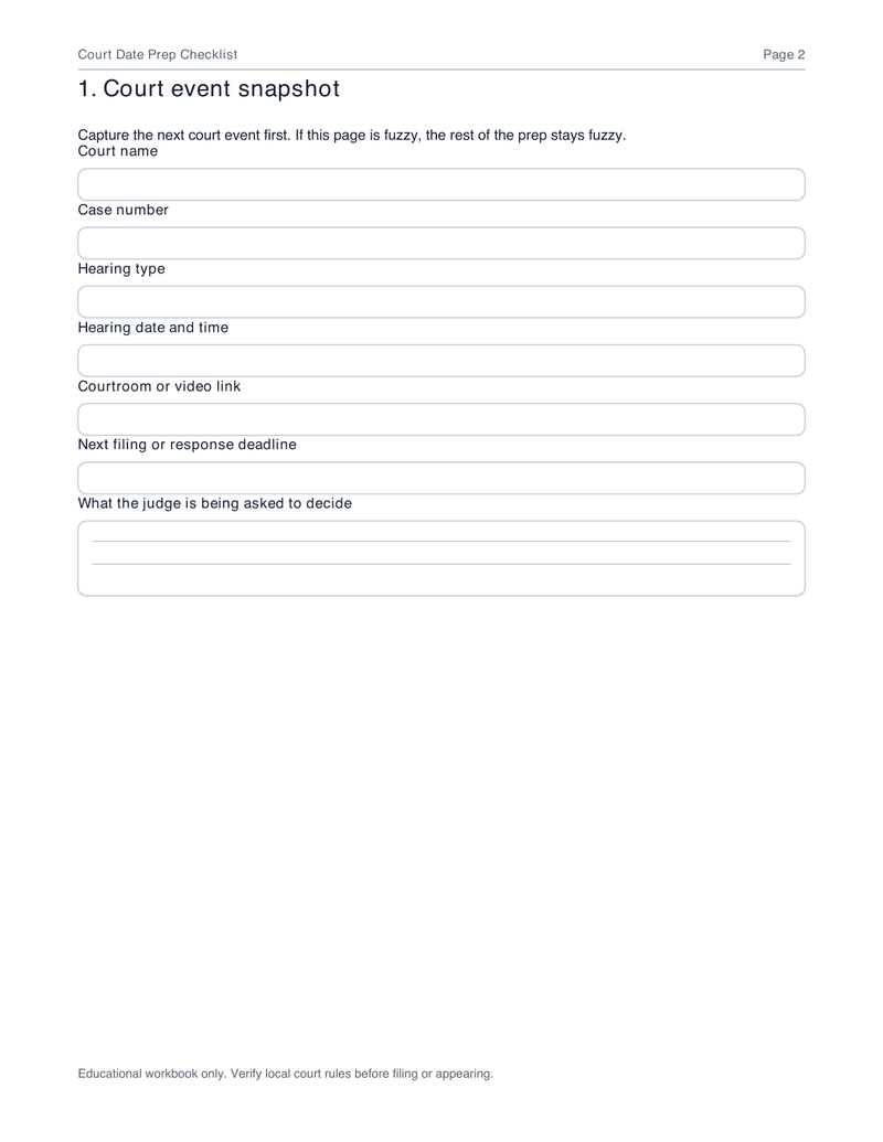 Court Date Prep Checklist sample worksheet page 2