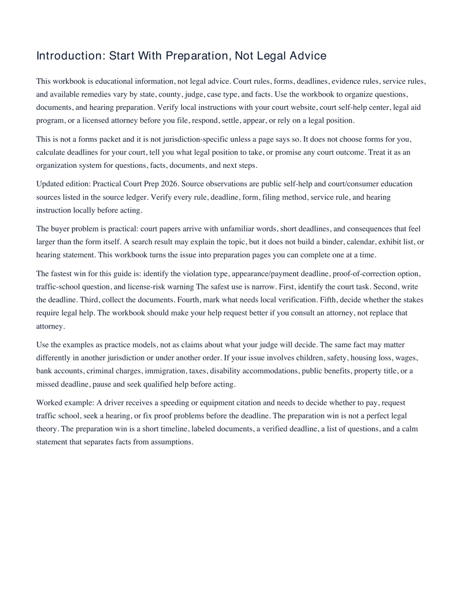 Traffic Ticket Court Roadmap: 10 Mistakes to Avoid Before Your Hearing sample workbook page 2