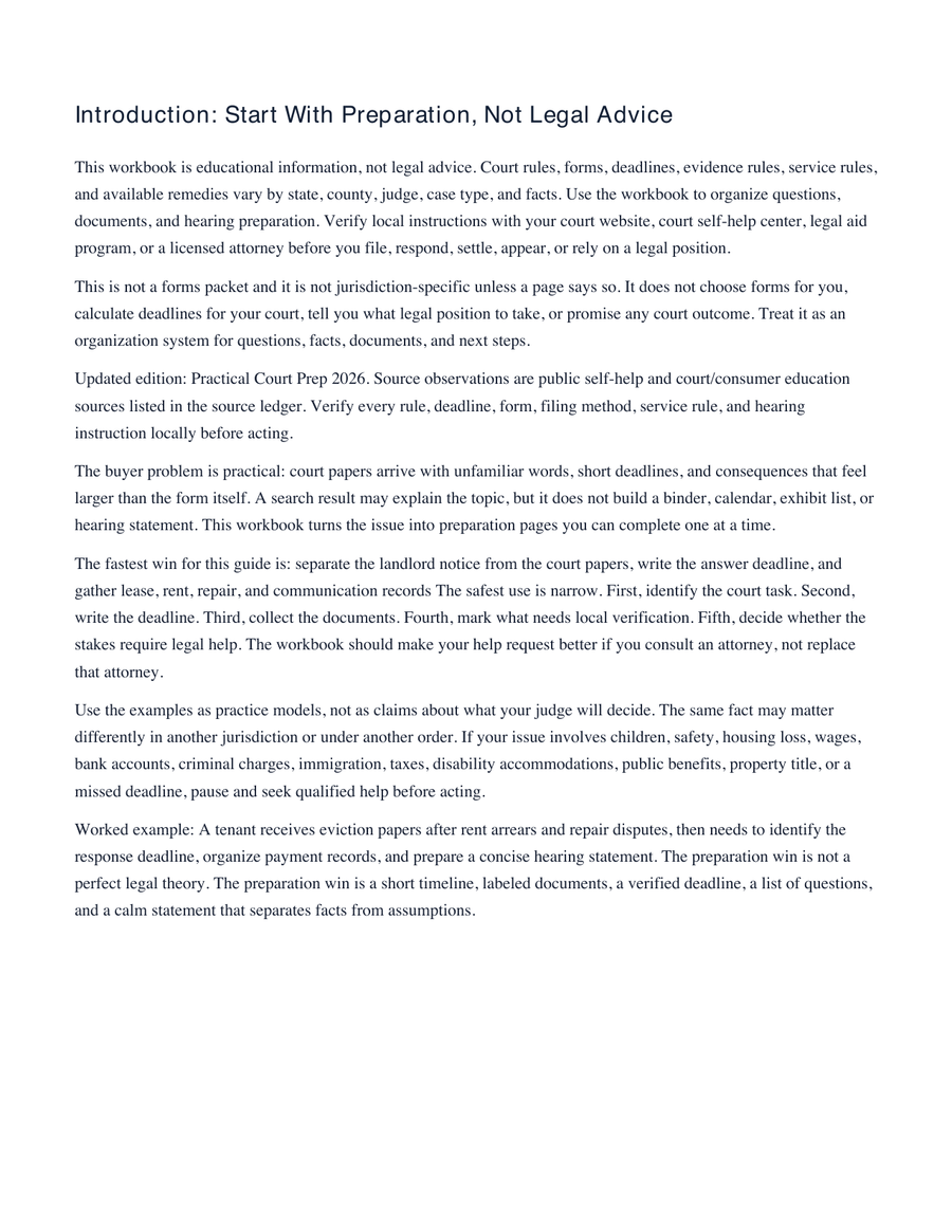 Eviction Court Roadmap for Tenants: 10 Mistakes to Avoid Before Your Hearing sample workbook page 2