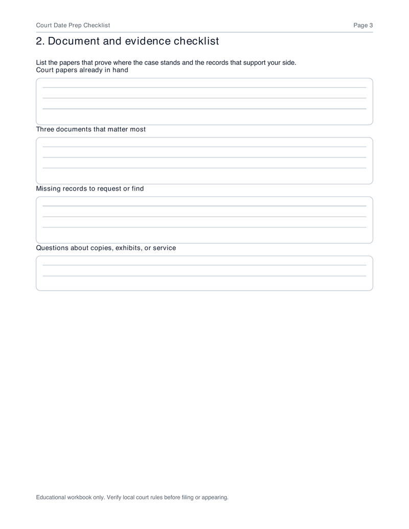 Court Date Prep Checklist sample worksheet page 3