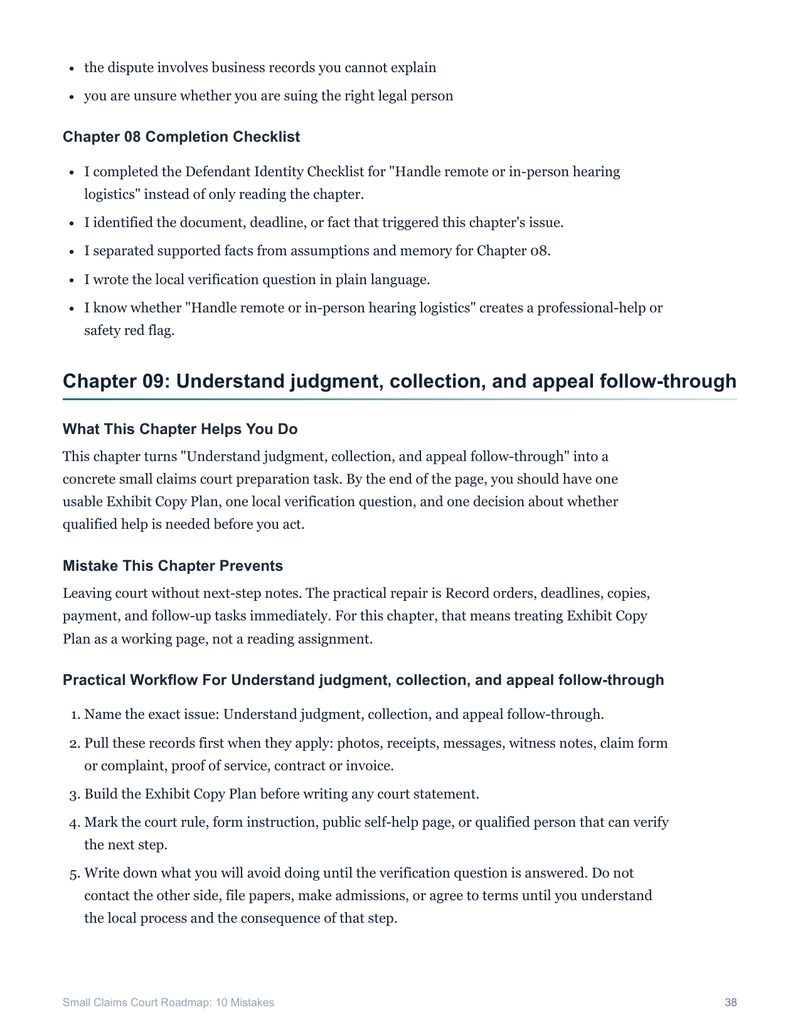Small Claims Court Roadmap sample page showing the Chapter 09 workflow