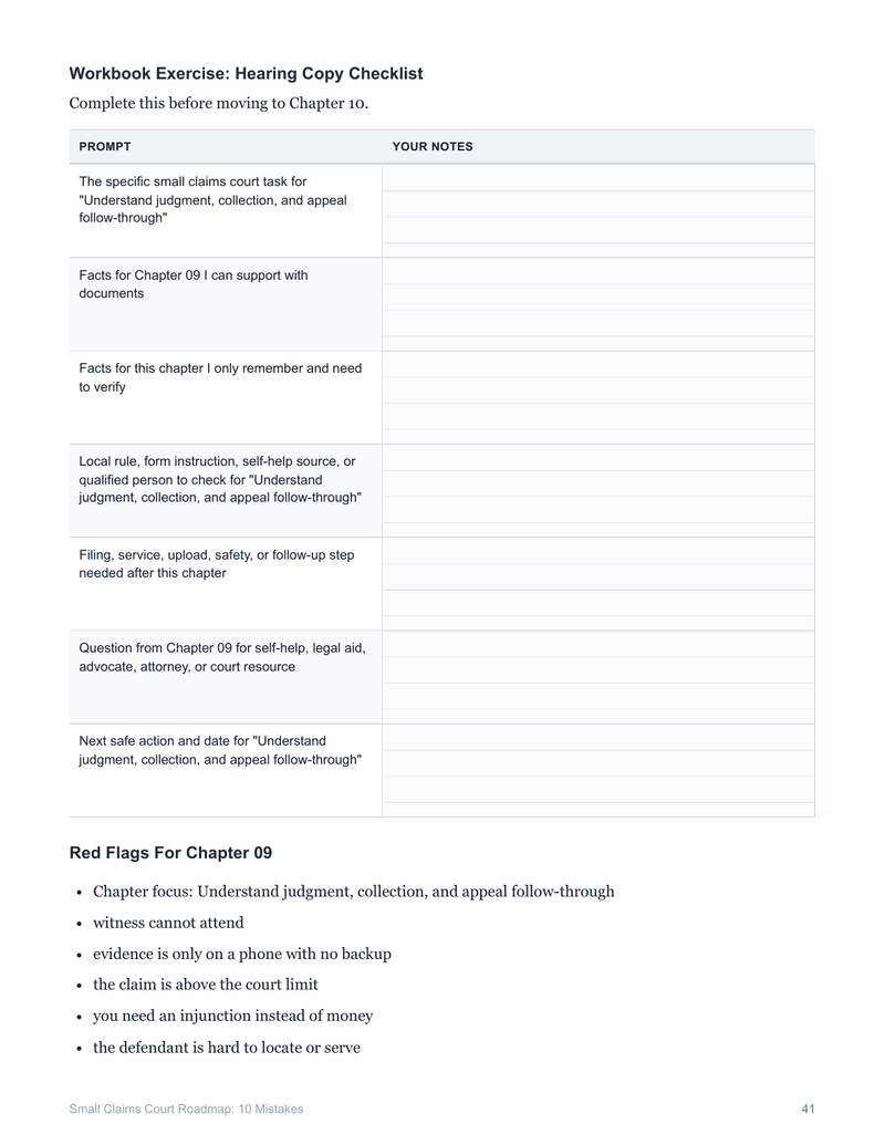 Small Claims Court Roadmap sample page showing the Chapter 09 hearing-copy checklist