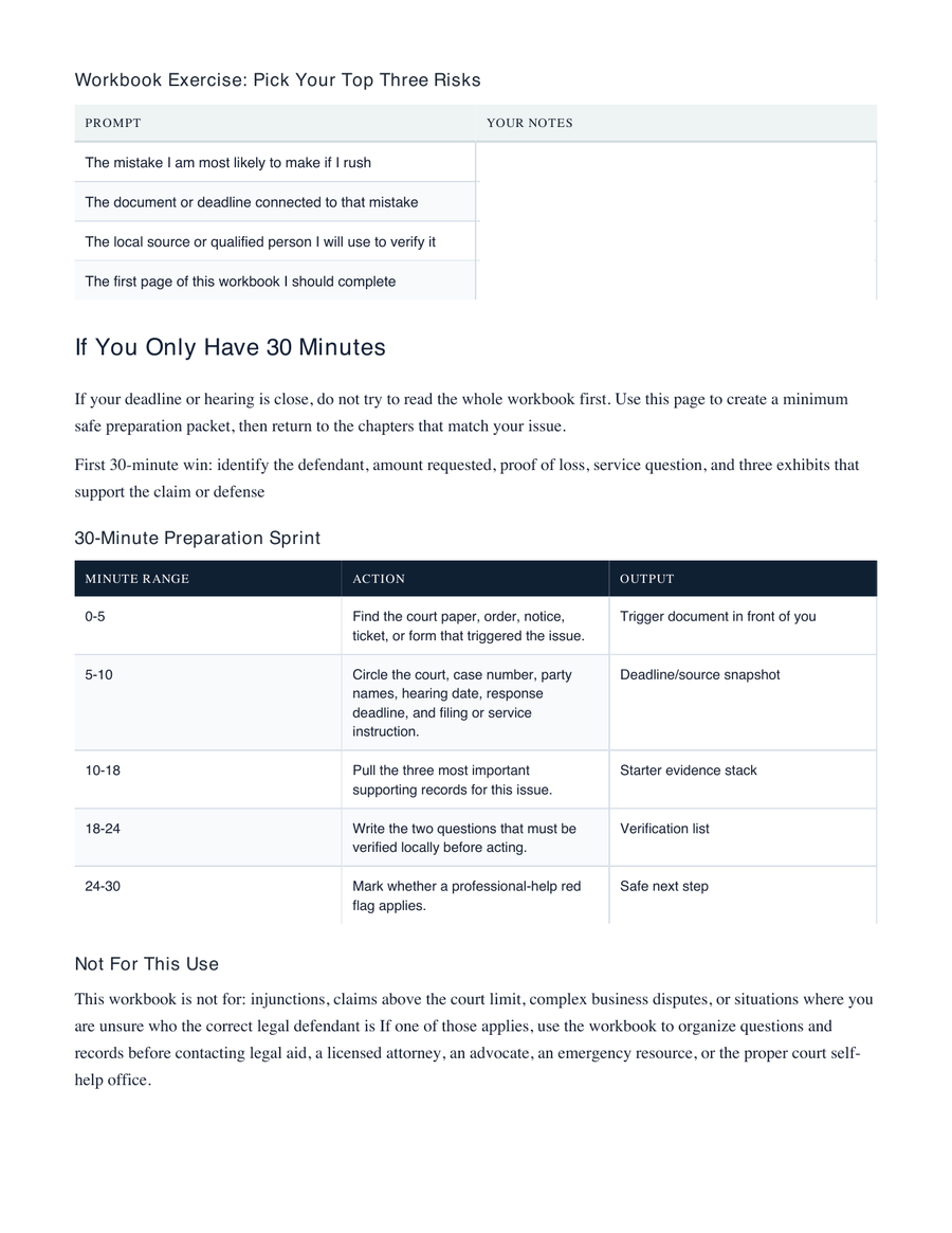 Small Claims Court Roadmap: 10 Mistakes to Avoid Before You File or Appear sample workbook page 5