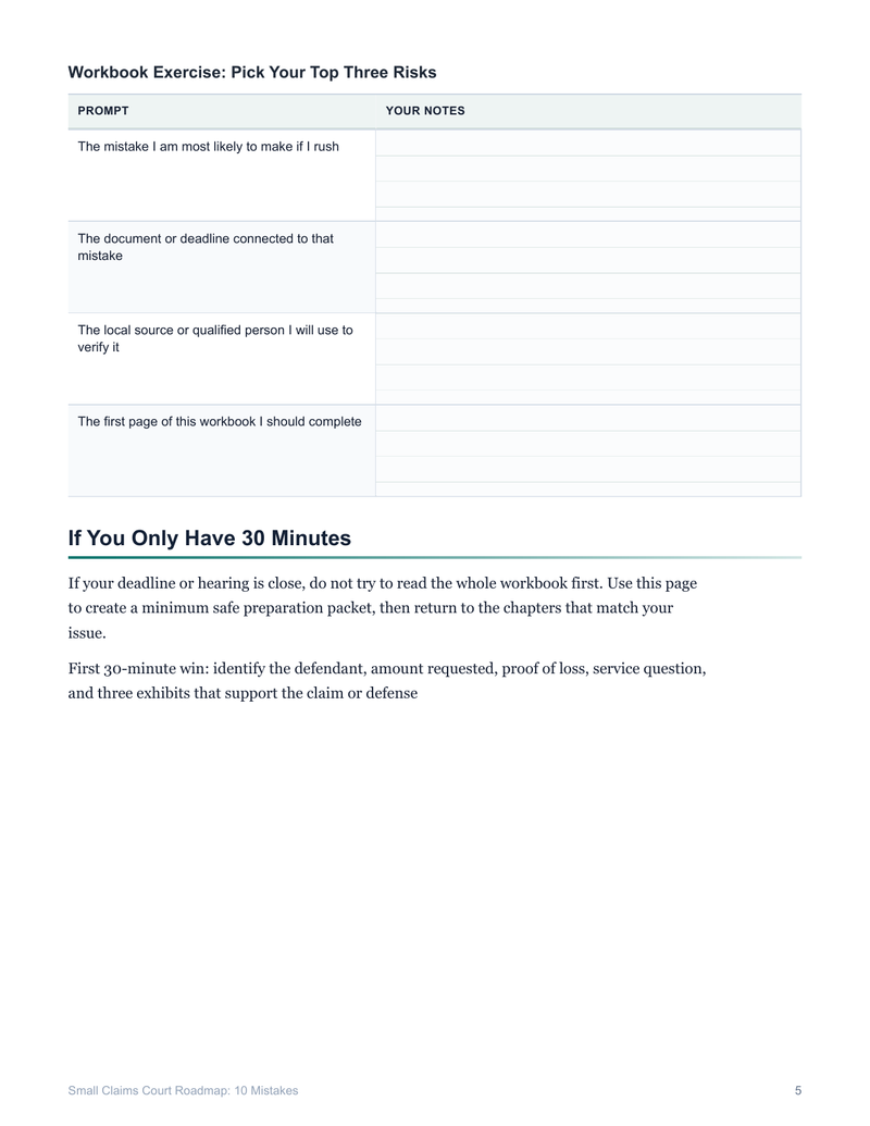 Small Claims Court Roadmap sample page showing the preparation-risk worksheet