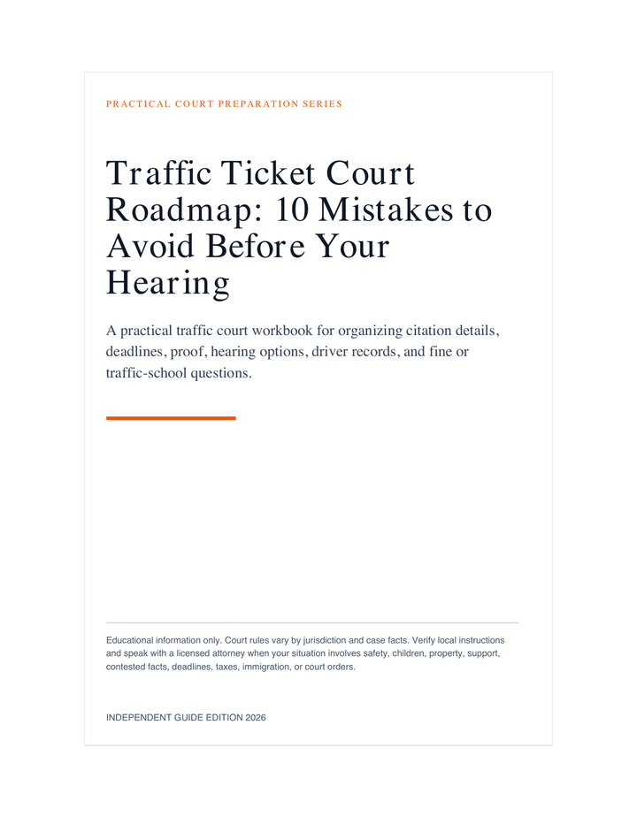 Traffic Ticket Court Roadmap: 10 Mistakes to Avoid Before Your Hearing cover and worksheet preview