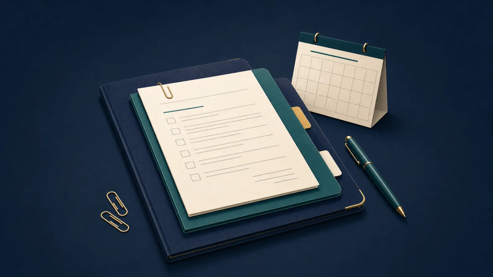 Organized checklist pages, tabbed folders, calendar, and pen on a navy workspace